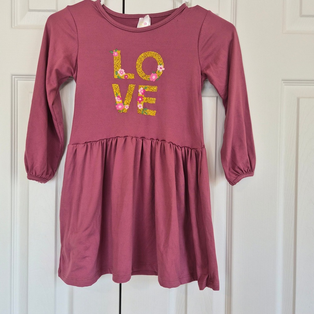 Pink Lemon Girls Mauve LOVE Glitter Floral Long Sleeve Skater Dress Size 6 Girly
